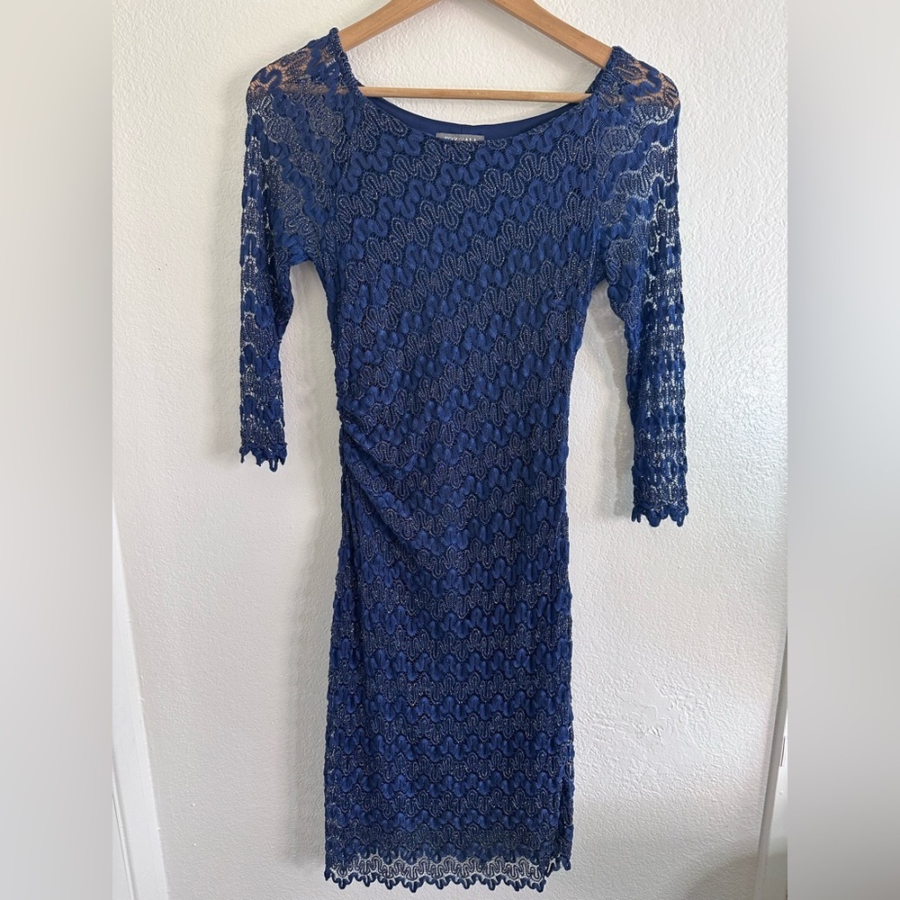 ROZ & ALI Lace 1/2 Sleeve Sheath Dress Blue and Gold Women Size 4